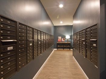 a bunch of mailboxes in a room with a wooden floor at Century Baxter Avenue, Louisville Kentucky